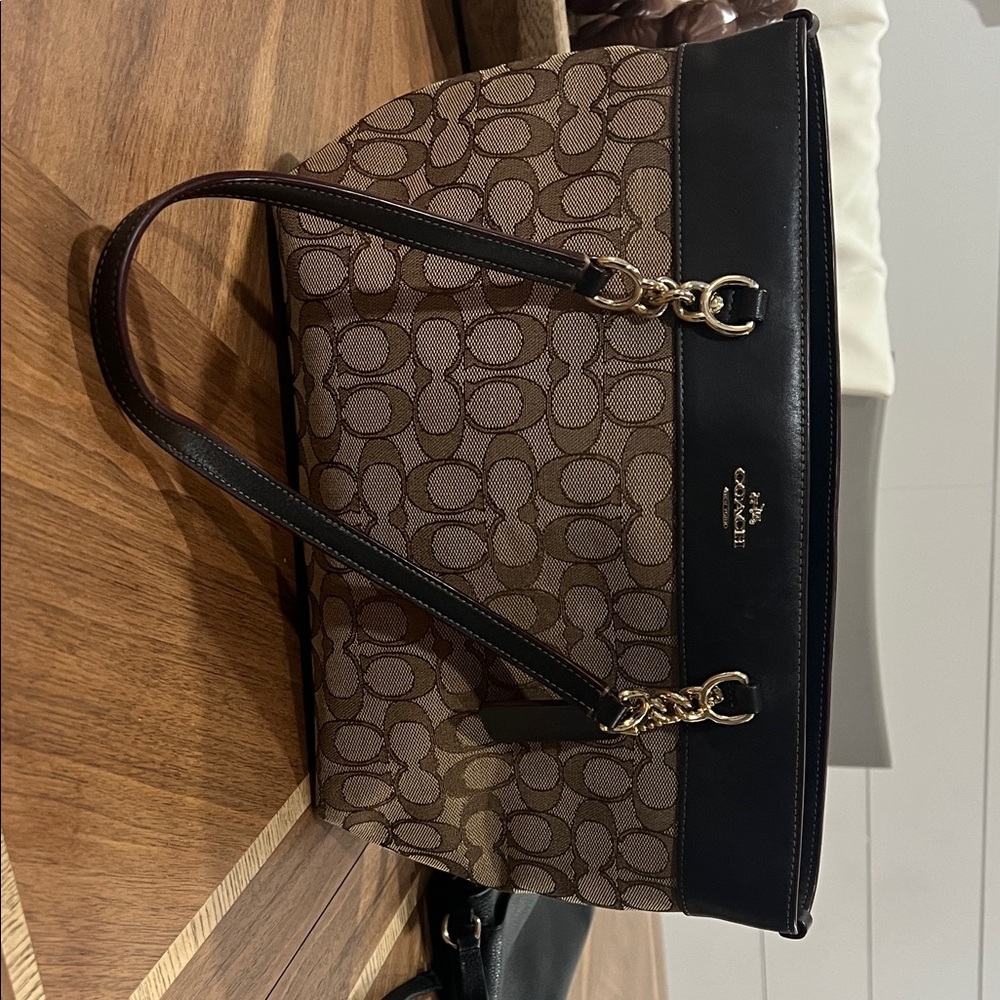 Coach Brown Signature Canvas Tote with Black Trim and Gold Hardware